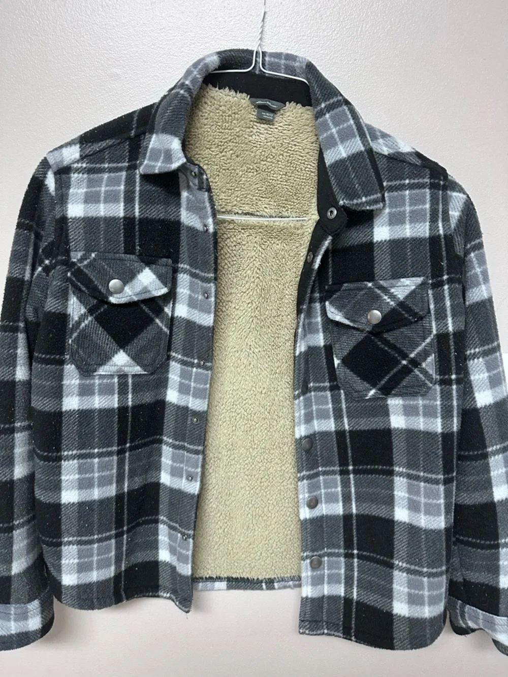Eddie Bauer Black & Gray Plaid Sherpa-Lined Jean Jacket - Picture 3 of 4
